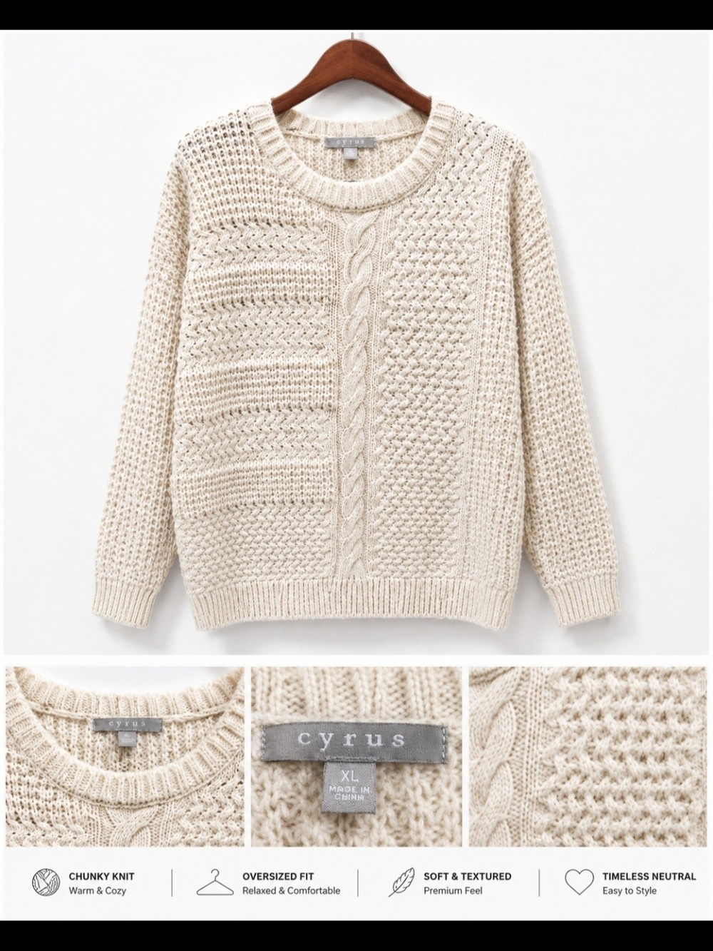 Cyrus Chunky Cable Knit Sweater in Cream